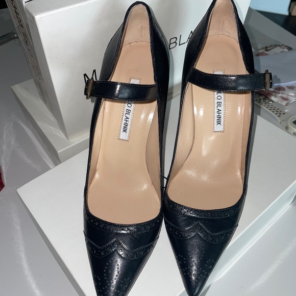 Shoes Manolo Blahnik Black Leather Inspector Mary Jane Heel Pumps Sz
